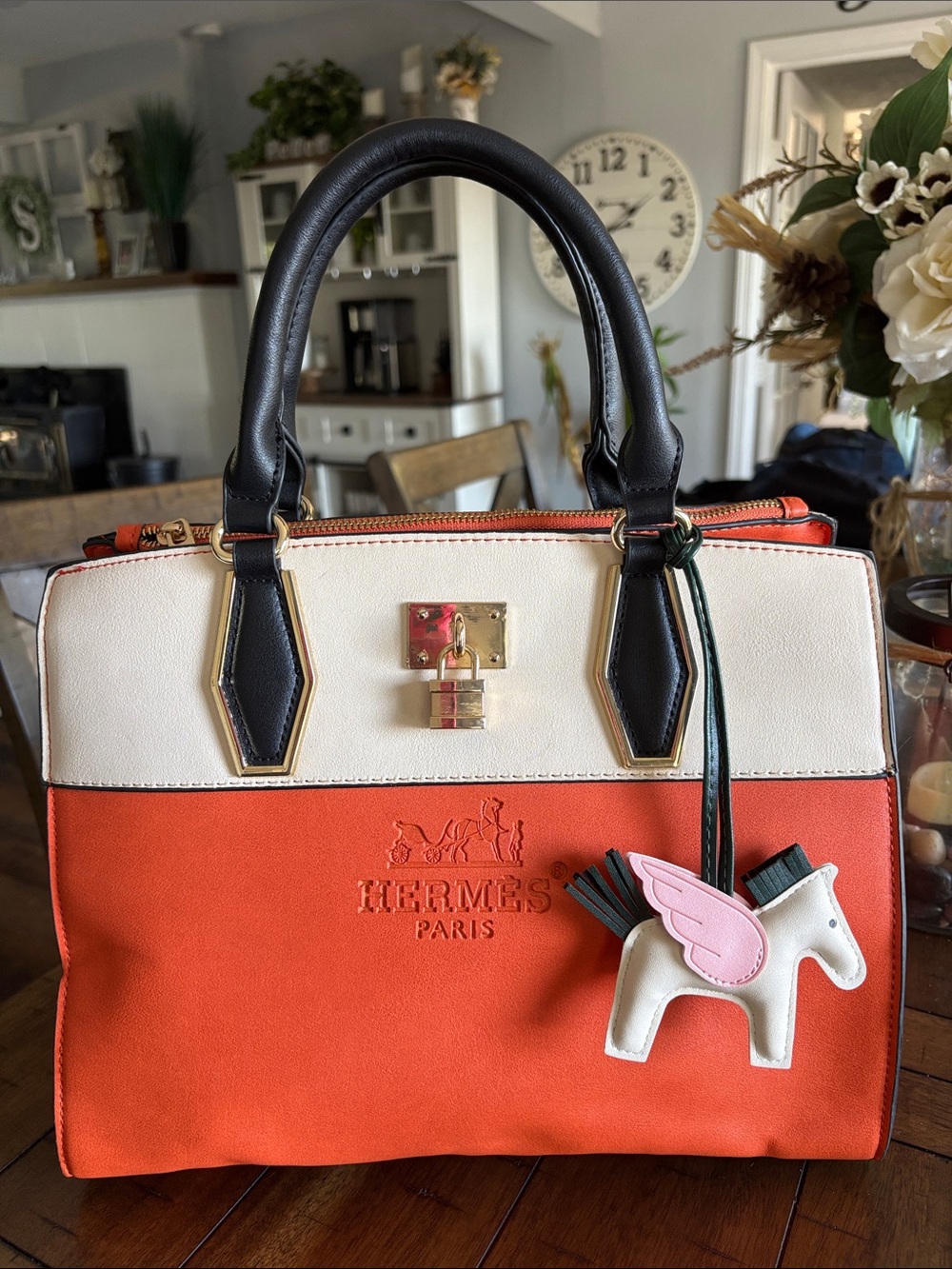 Two-Tone Fashion Orange & Cream Leather Satchel with Black Handles